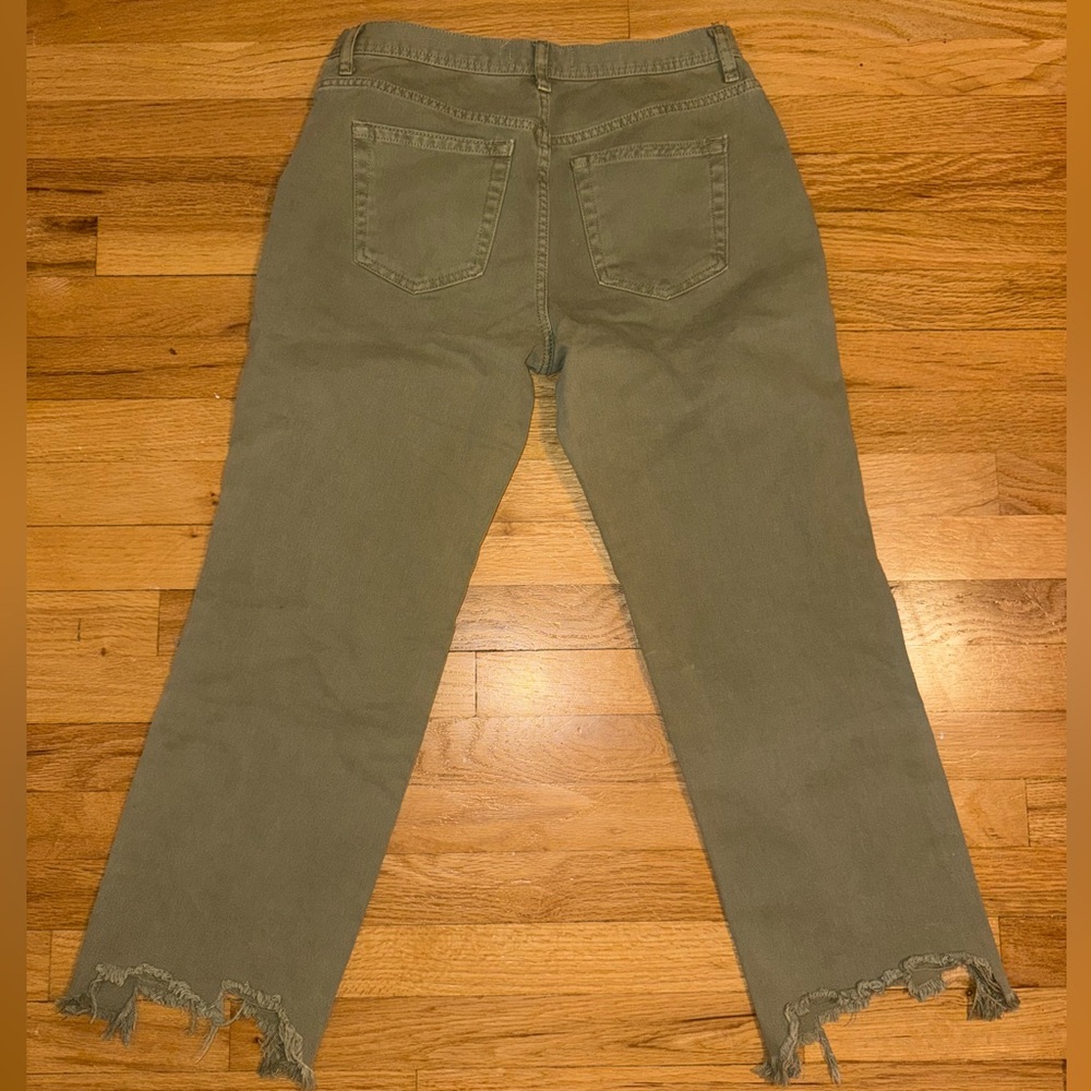 Free People Olive Green Distressed Cropped Cut Jeans